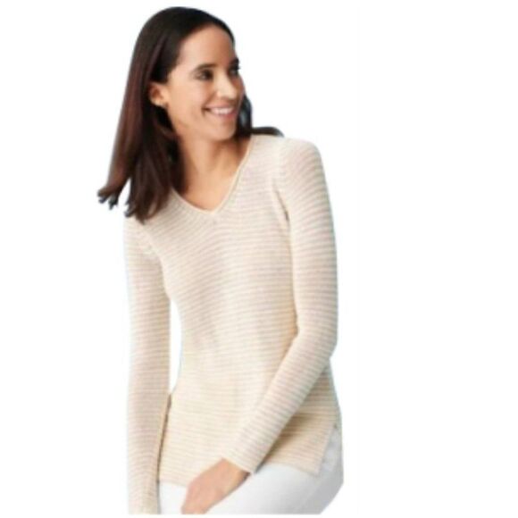 J.McLAUGHLIN Callum Striped Knit V Neck Sweater Sand White XS - Picture 1 of 6